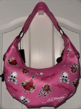 Ed Hardy Hot Pink Tattoo-Print Shoulder Bag with Stud Accents Y2K 2000s